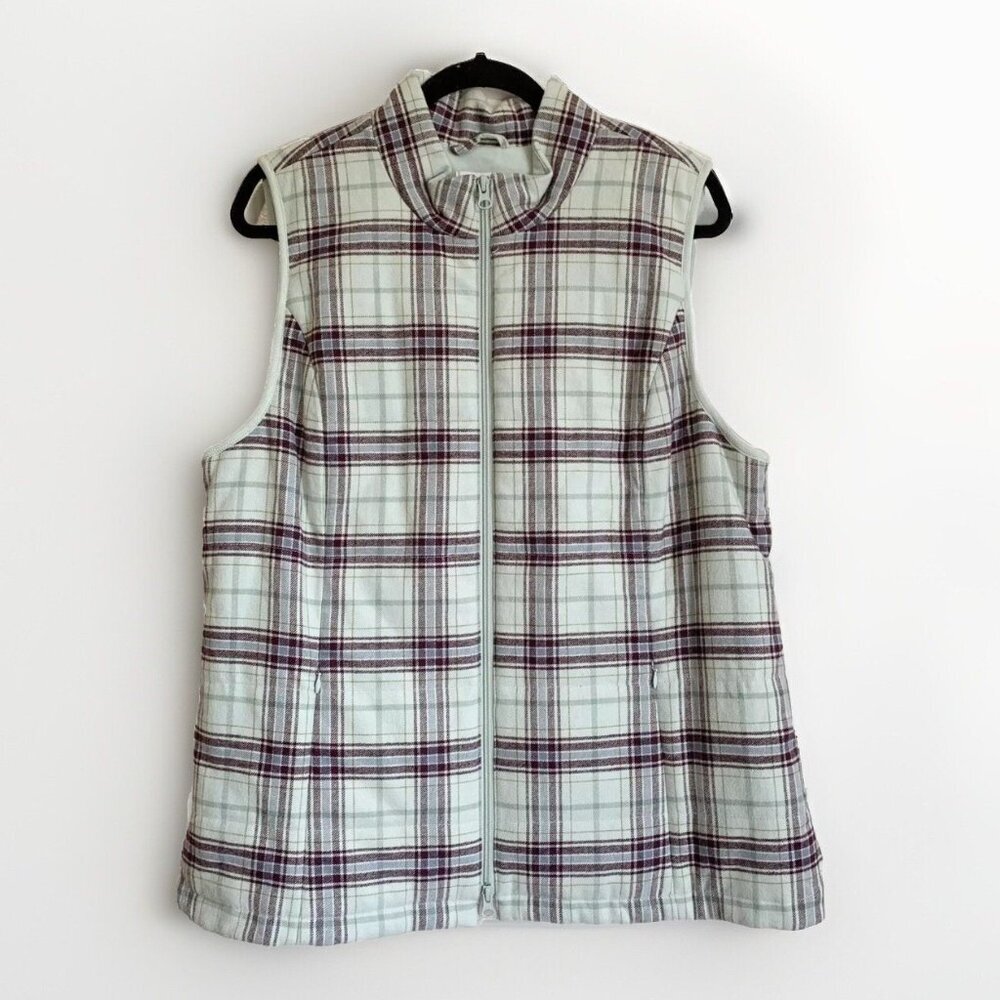 J. Jill Jade Multi Plaid Puffer Vest Mint Green Large Pocket Fleece Lined Pocket